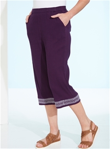 Embroidered Crinkle Cotton Crop Pants